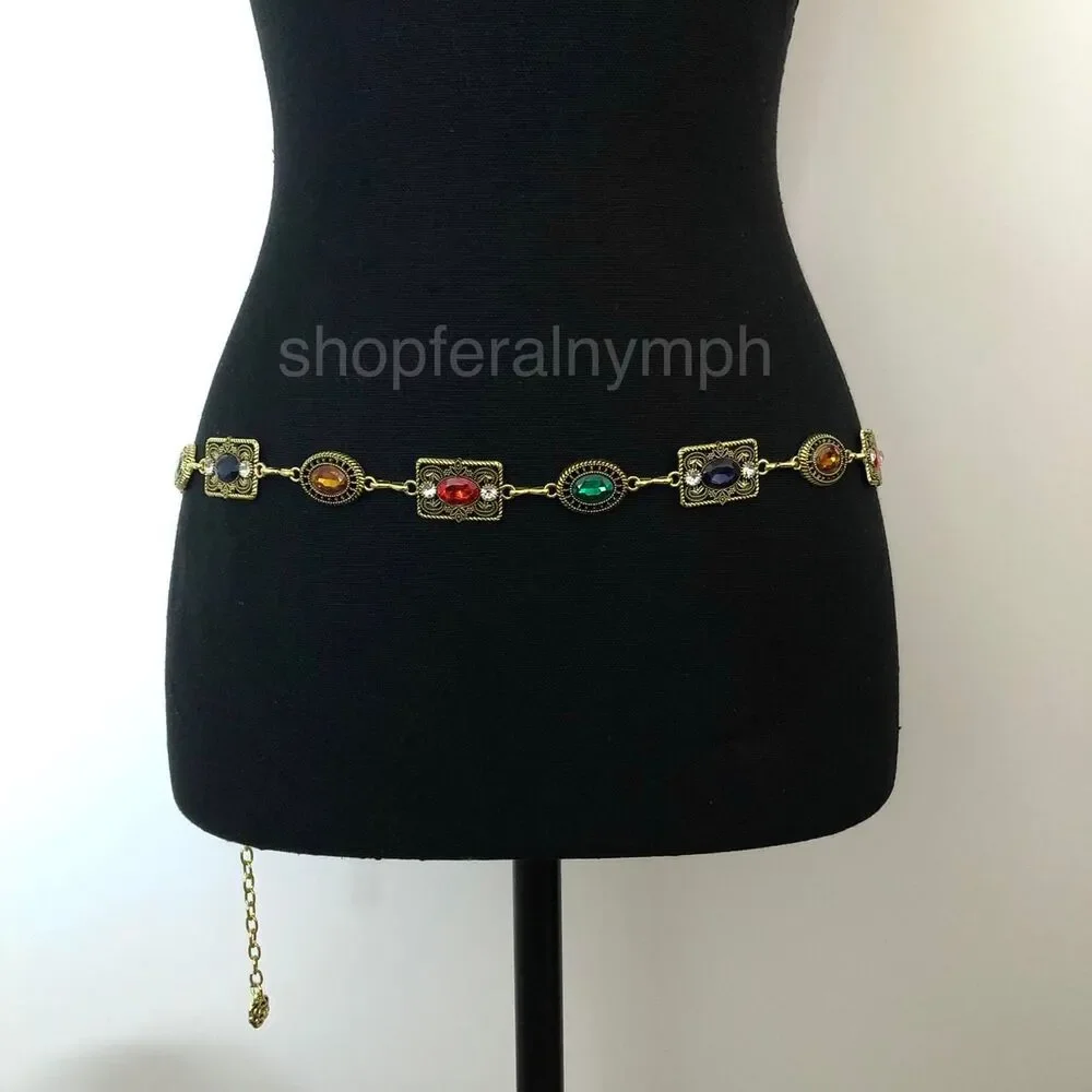 Women's Gold Colorful Jewel Chain Belt Body Chain, Fits 26-43 Inches, X7GA1235